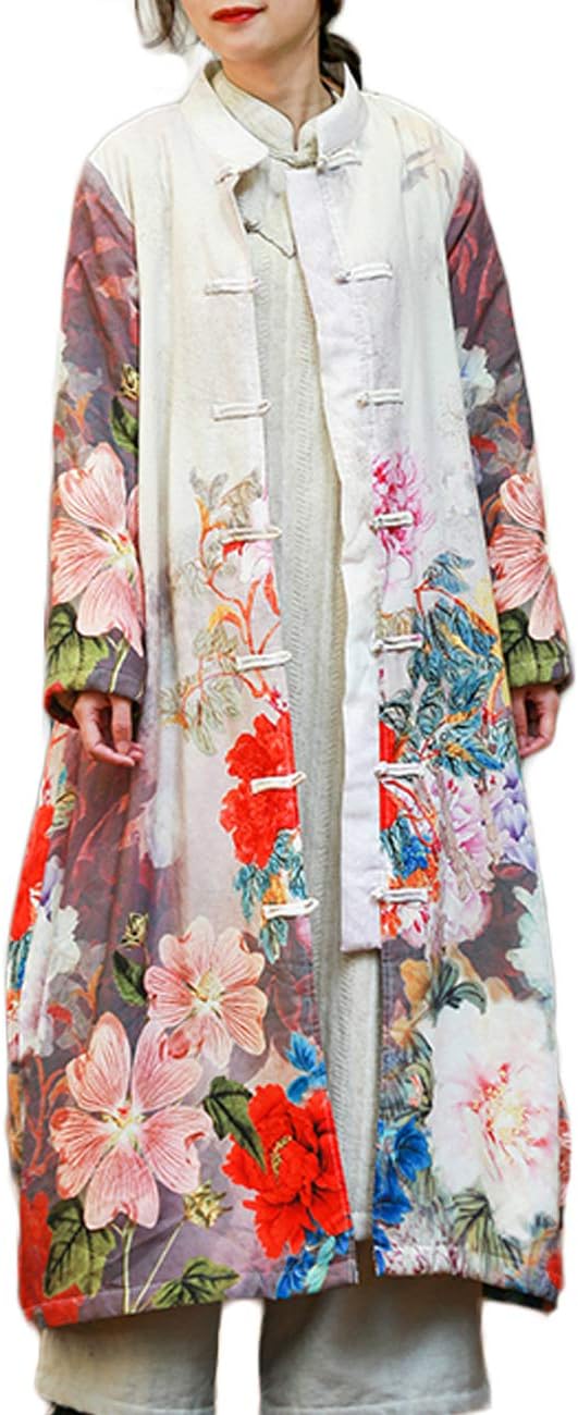 LUZU JUNUWomen Winter Long Overcoat Floral Printed Trench Coat Windbreaker Vintage Chinese Fleece Lined Warm Coat
