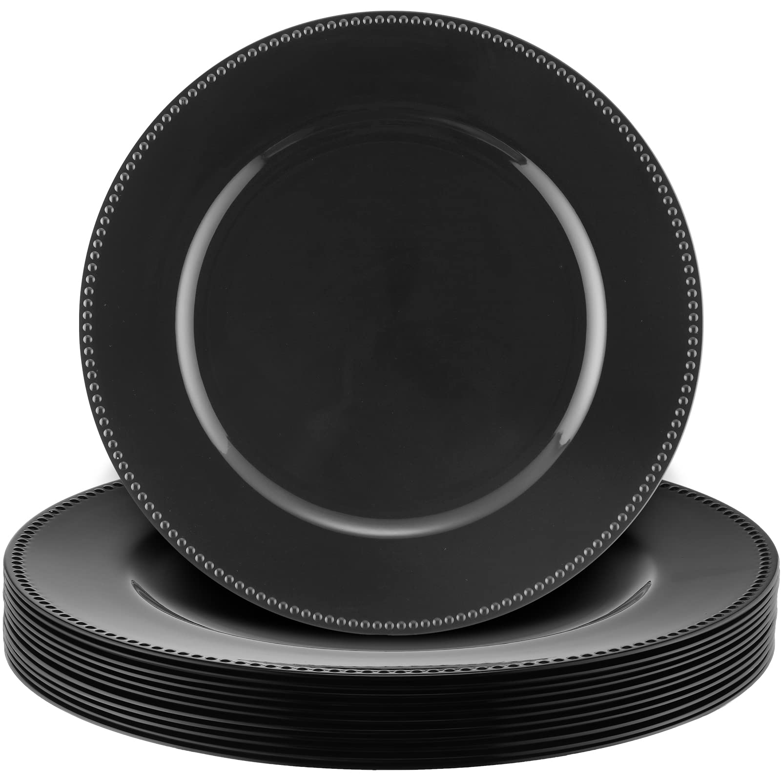 Photo 1 of Gerrii 12 Pcs Metallic Bead Charger Plates 13 Inch Plastic Round Plates Bulk Wedding Beaded Chargers for Table Party Event Decoration(Black)