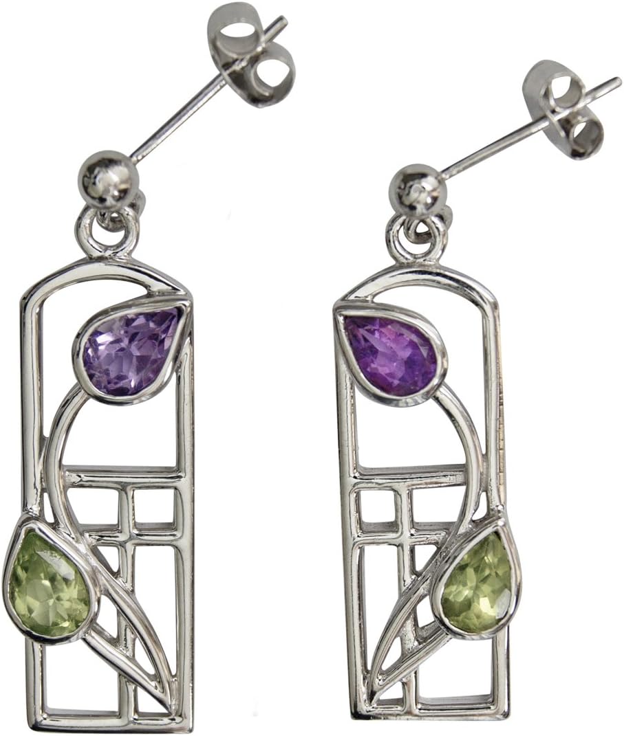 592 Charles Rennie Mackintosh Silver Earrings - Thistle - Amethyst & Peridot.