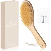 Dry Brushing Body Brush with Curved Handle, Natural Bristles, Exfoliating | Dry Body Brush, Dry Skin Brush, Bamboo Handle, Self-Adhesive Hook