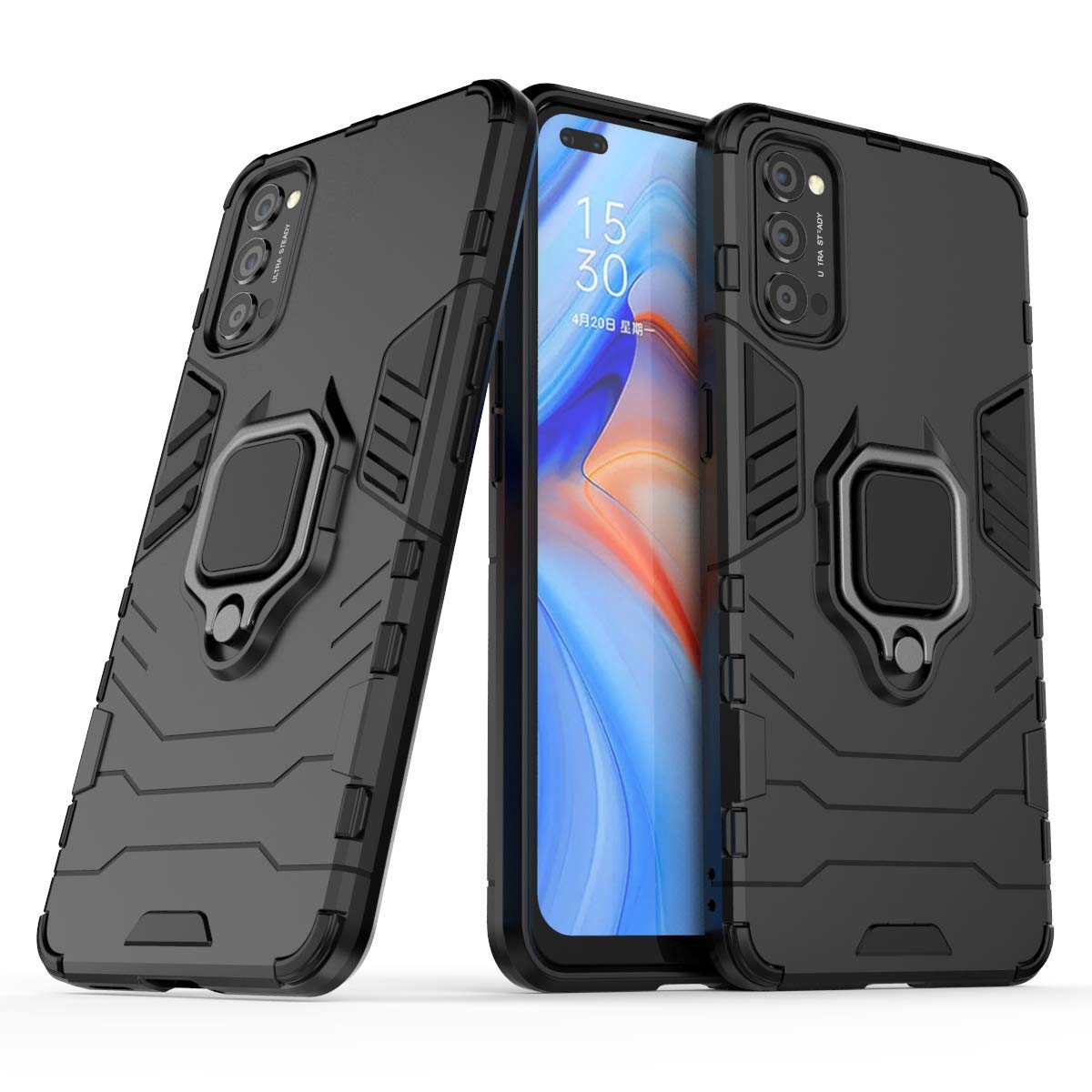 MRSTER Case for Oppo Reno4 5G, Double Layer Reinforced Defense Shockproof Armour Bumper Cover with 360 Rotation Ring Stand for Oppo Reno 4 5G, HB Black