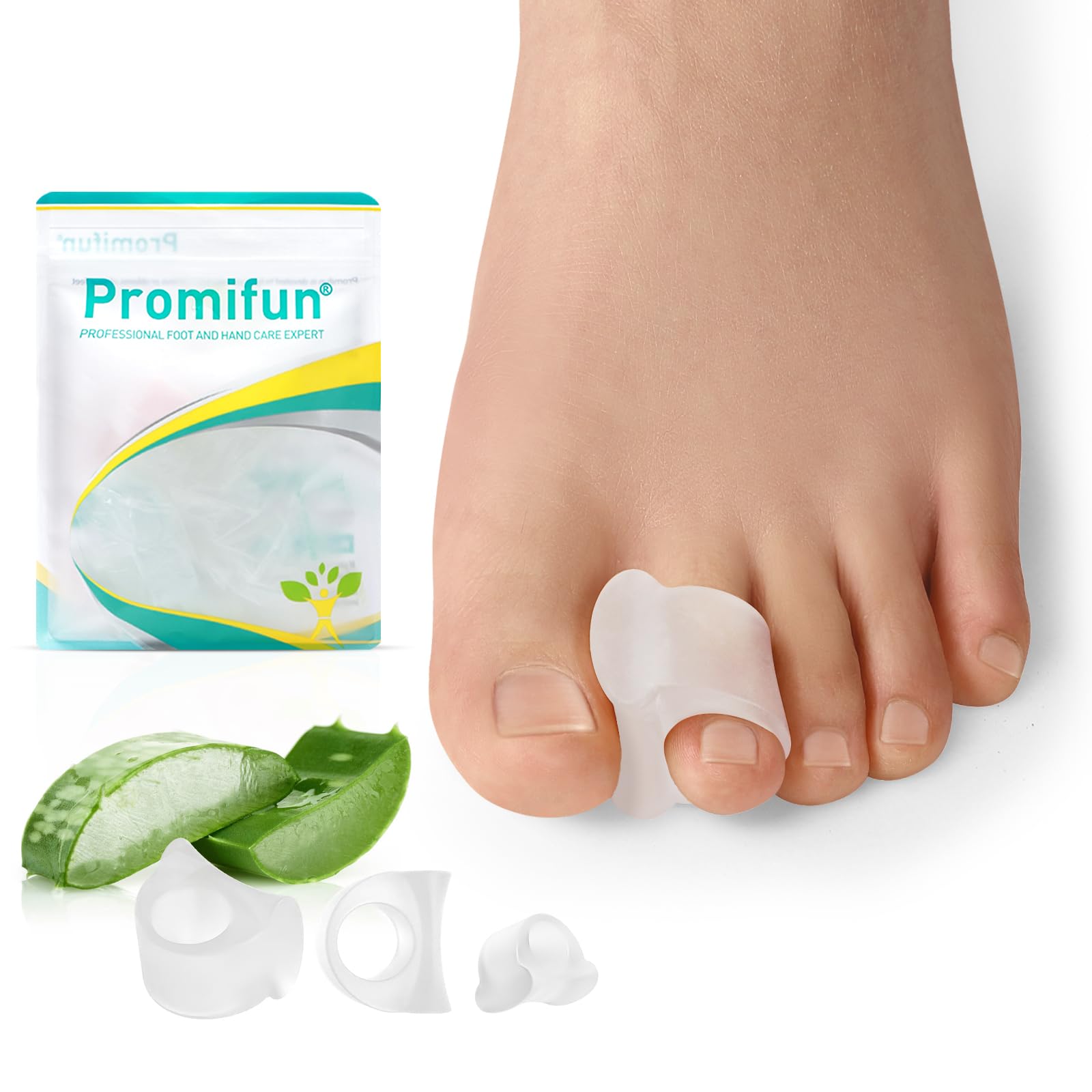 Promifun Toe Separators for Overlapping Toes Toe Spacers with Aloe Vera Extract for Hammer Toe Straightener, Correct Toes, Big Toe Alignment, Bunion Relief (3 Size, 12 Pack, Clear)