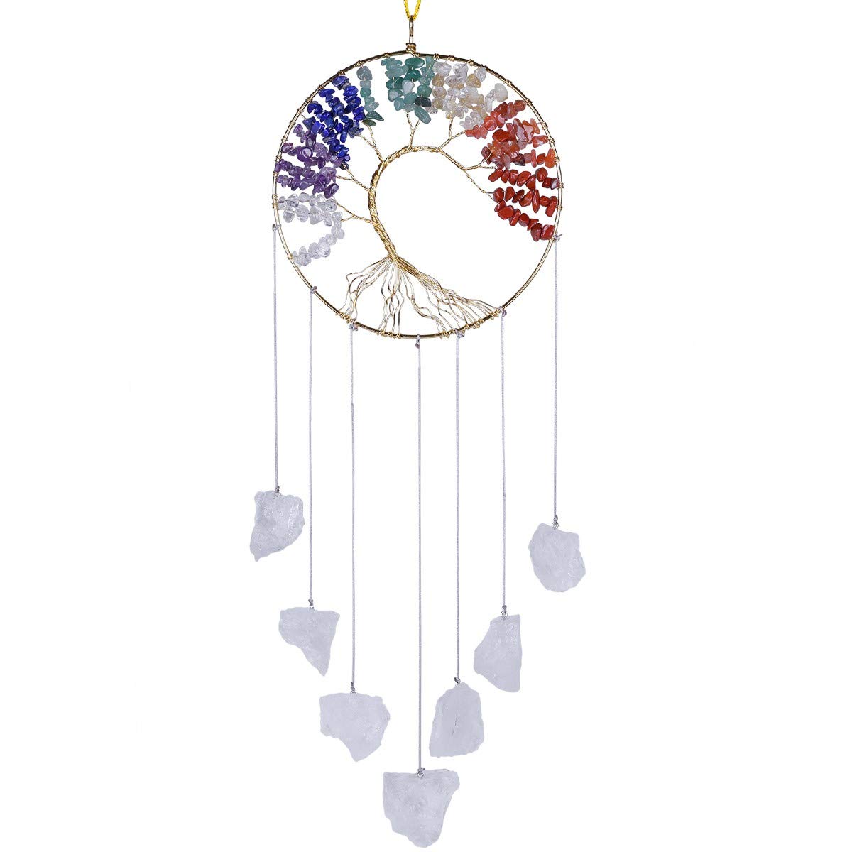 Nupuyai Handmade Raw Stones Wind Chime Tree of Life Gemstones Garden Decoration 7 Chakras Healing Crystals Hanging Ornament Room Decorative Home Accessories Rock Crystal Stone
