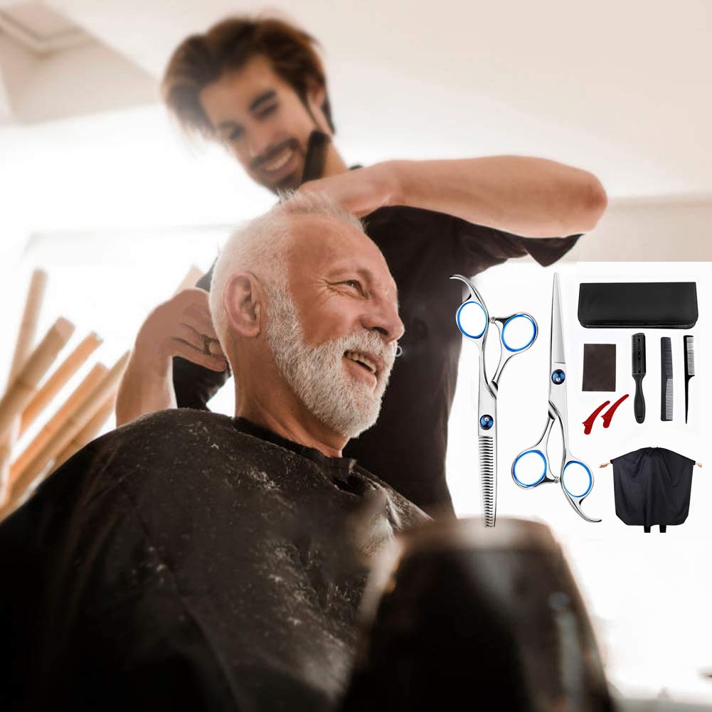 10 PCS Professional Hair Cutting Scissors 6.7inch Barber Thinning Scissors Hairdressing Shears Japanese Hair Cutting Shears Set with Cape Clips Comb for Barber Salon and Home 9010 Blue : Beauty