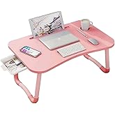 Laptop Desk Foldable Bed Table, Portable Lap Desk Laptop Bed Tray Table with Storage Drawer and Cup Holder, Lap TraysTables Notebook Stand Reading Desks Breakfast Tray for Beds Couch Sofa Floor – Pink