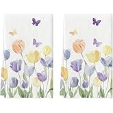 Artoid Mode Tulip Butterfly Floral Spring Kitchen Towels Dish Towels, 18x26 Inch Farmhouse Summer Decoration Cleaning Set of 2