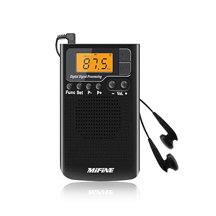 Mifine FM AM Pocket Mini Radio with Headphones, Clear Speaker Music Player Alarm Clock and Timer, Personal for Jogging, Campi
