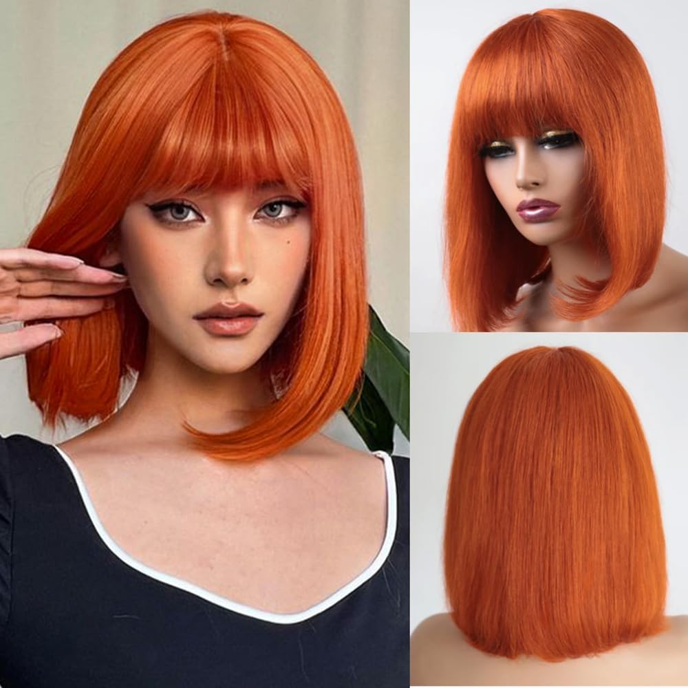 Datanala Ginger Straight Bob Wig With Bangs - 350# Human Hair 3x1 HD Lace Glueless Blunt Cut Silk Wear and Go 180% Density (14 Inch) — image 1