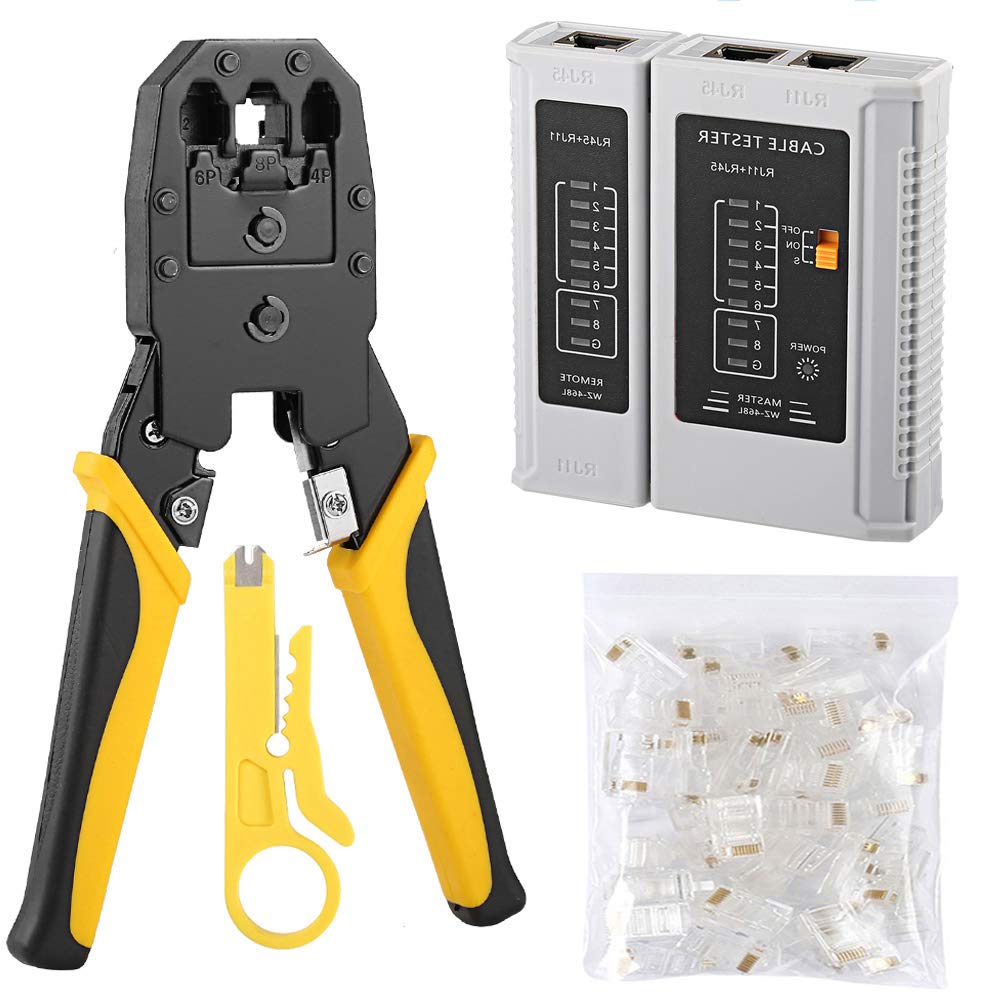 Solsop Cable Tester RJ45 Crimp Tool kit Crimp Crimper CAT5e CAT5 Crimping Tool with 100PCS RJ45 CAT5 CAT5e Connectors Plug Network Tool Kits