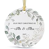 SIABERTERL 2021 Newlyweds' First Christmas Hanging 2.9" Ceramic Round Ornament Wedding Decoration for Couple Married (Light-C