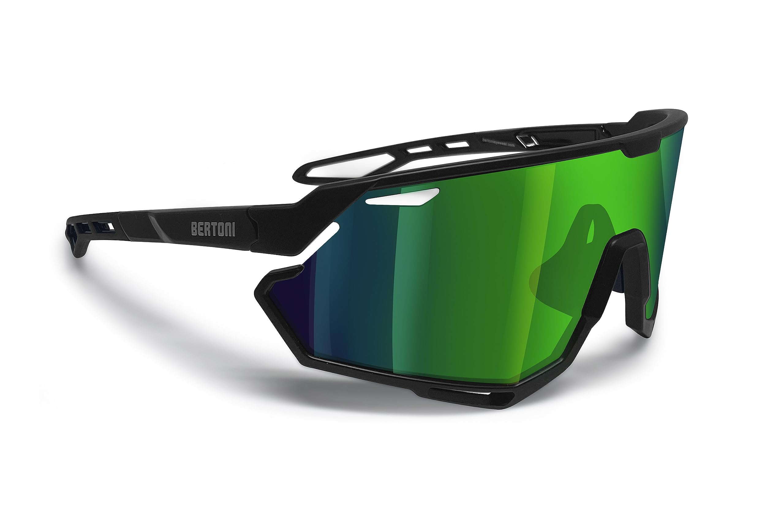 BERTONI Sport Cycling MTB Running Sunglasses for Men Women in TR90 100% UV Block mod. ALPHA (Matt Black/Shiny Black – Green Mirror Lens)