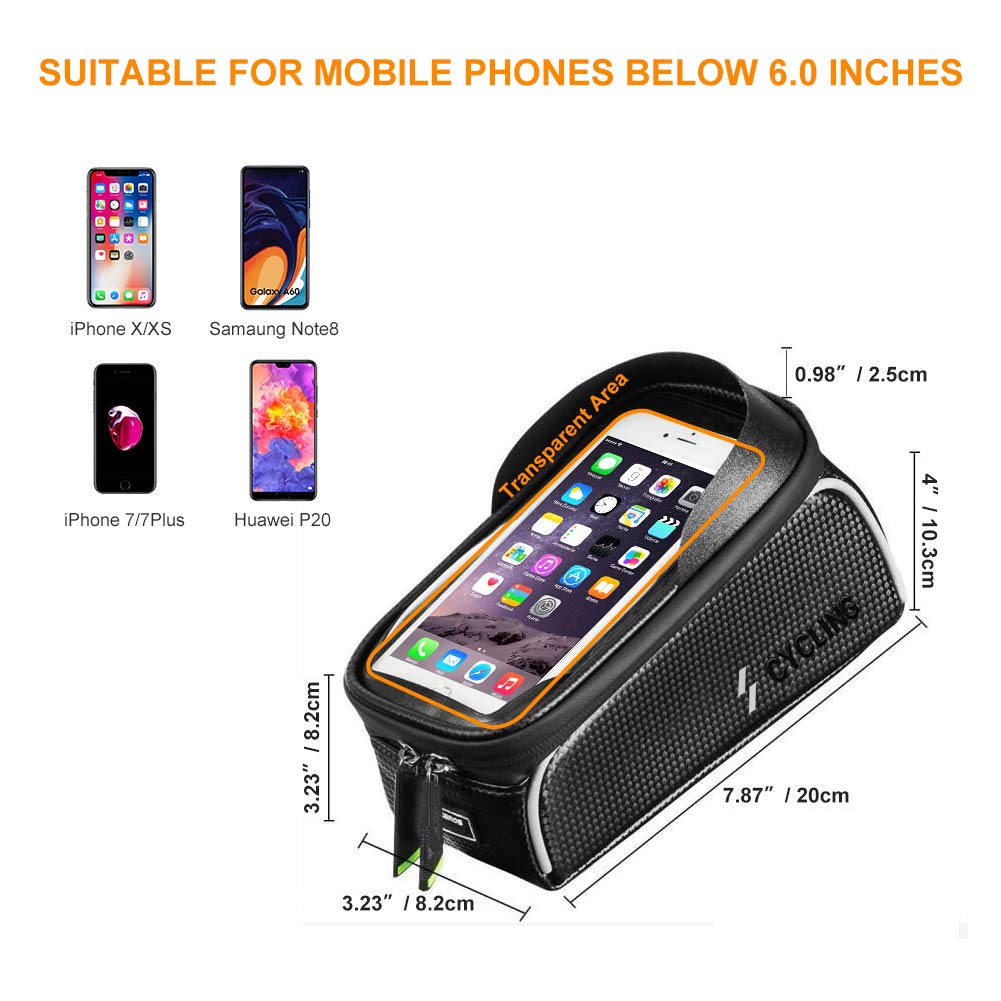 YEHOBU Bicycle Bag for Phone, Handlebar Bag, Bike Front Frame Storage Bag, Sun Visor Waterproof Touch Screen Bag, Cycling Holder Bag for 6 inches Phone (Black)