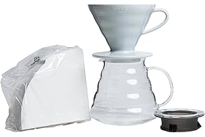 Hario V60 Coffee Pour Over Kit Bundle Set - Comes with Ceramic Dripper, Range Server Glass Pot, Measuring Spoon, and 100 Count Package of Hario 02W Coffee Filters