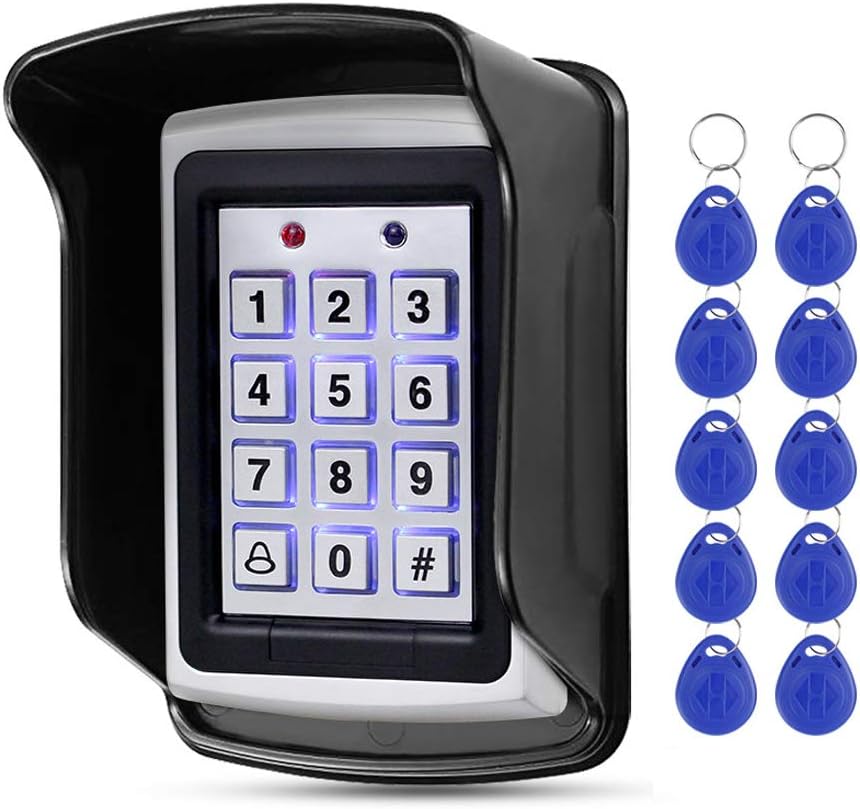 HFeng 125KHz RFID Access Control Keypad Controller Waterproof Cover Outdoor +10pcs EM4100 Keychains 1000 user WG26, backlight, metal case(Keypad+10 keys+Cover)