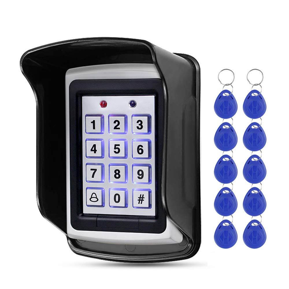 HFeng 125KHz RFID Access Control Keypad Controller Waterproof Cover Outdoor +10pcs EM4100 Keychains 1000 user WG26, backlight, metal case(Keypad+10 keys+Cover)