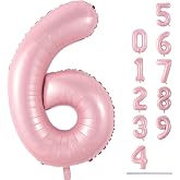 Pastel Pink Number 6 Balloons, 40 In Large Light Pink Number 6 Foil Helium Balloons for Girls, Self Inflating Number Balloons 0-9 for Girls 6th 16th Birthday Women Anniversary Party Decoration