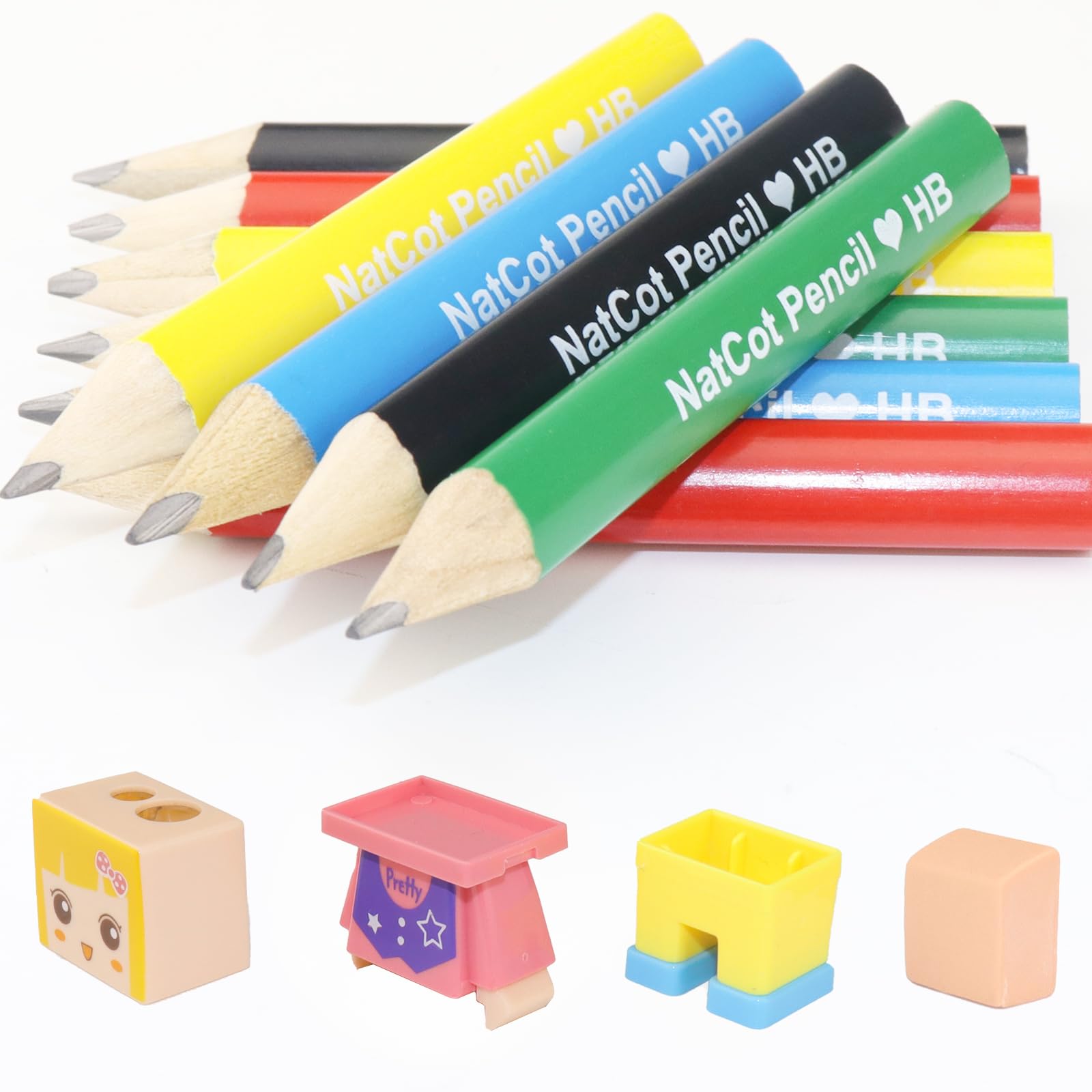 NatCot Triangular Fat Pencil for 3-8 Years Old Kids Use, 3.5-inch 10 Pencil with Pencil Sharpener and Eraser Girl-B Style