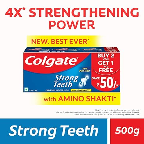 Colgate Strong Teeth Anticavity Toothpaste with Amino Shakti-500gm (200gm-Pack of 2 with 100gm Free)