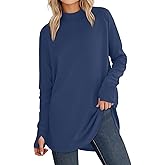 JUSTFASHIONNOW Tunic Tops for Women Casual Long Sleeve Turtle Neck Shirts Thumb Hole Curved Hem Tops Fall Fashion