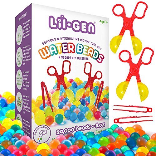 Liâ€™l Gen Water Beads with Fine Motor Skills Toy Set, Non-Toxic Orbeez Water Sensory Toy for Kids - 20,000 Beads with 2 Scoops and Tweezers for Early Skill Development