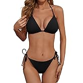 Zuvebamyo Women's Two Piece Bikini Swimsuit Sexy Ribbed Triangle Top Bathing Suits String Cheeky Bikini Sets
