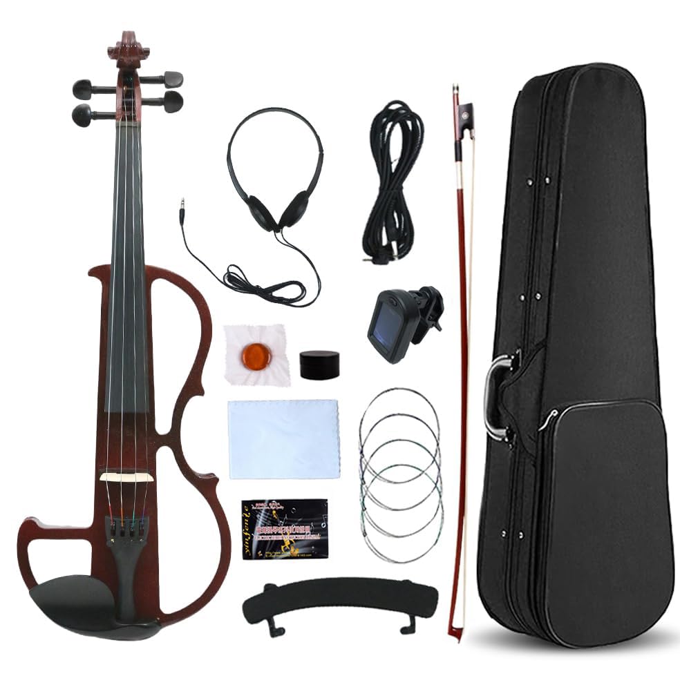 Photo 1 of Vetimobato 4 String/5 String Silent Electric Violin 4/4 Full Size Solid Wood Practice Violin with Ebony Fittings & Violin Case& Violin Bow (4 String Burgundy Small Jack)