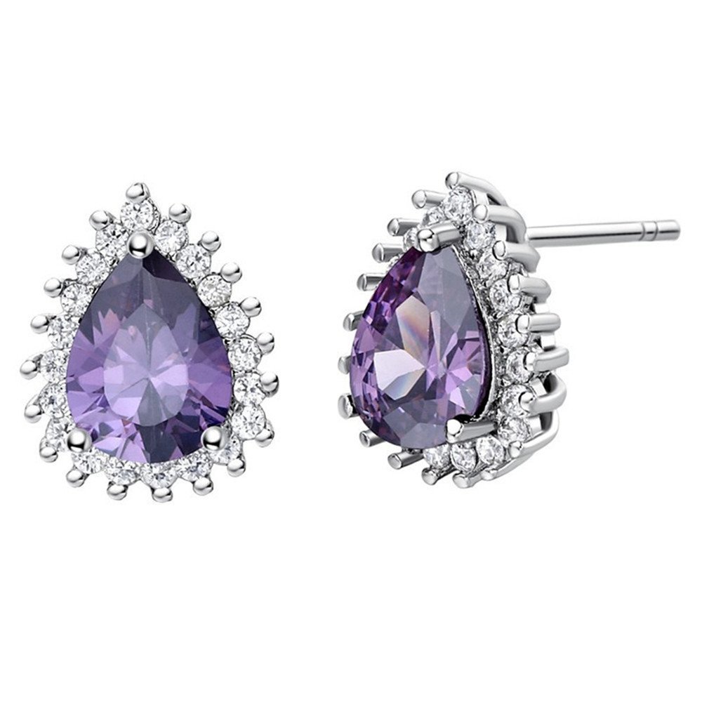 Uloveido Girls February Birthstone Jewellery Waterdrop Pear Shape Purple Crystal Stud Earrings for Women Birthday Gift-R815
