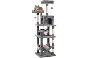 PEQULTI Cat Tower for Indoor Cats, 7-Layer Multi-Level Cat Tree with Sisal-Covered Scratching Post, Cozy Cat Condo, Hammock and Padded Top Perch, Grey, 60.6 Inches