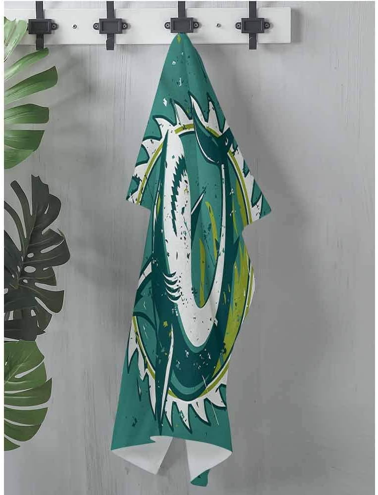 dsdsgog Hand Towel Shark,Graphic of Shark Hunter in Dark Murky Colors Sharp Teeth Fish Marine Life Nautical Print,Green,W12 xL12 Beach Towel for Women