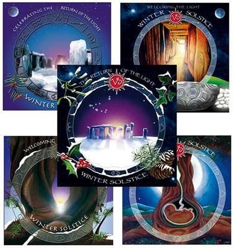 Celebrate Winter Solstice cards. Pack of 20 cards - 4 of each design with brightly coloured envelopes 12cm x 12cm