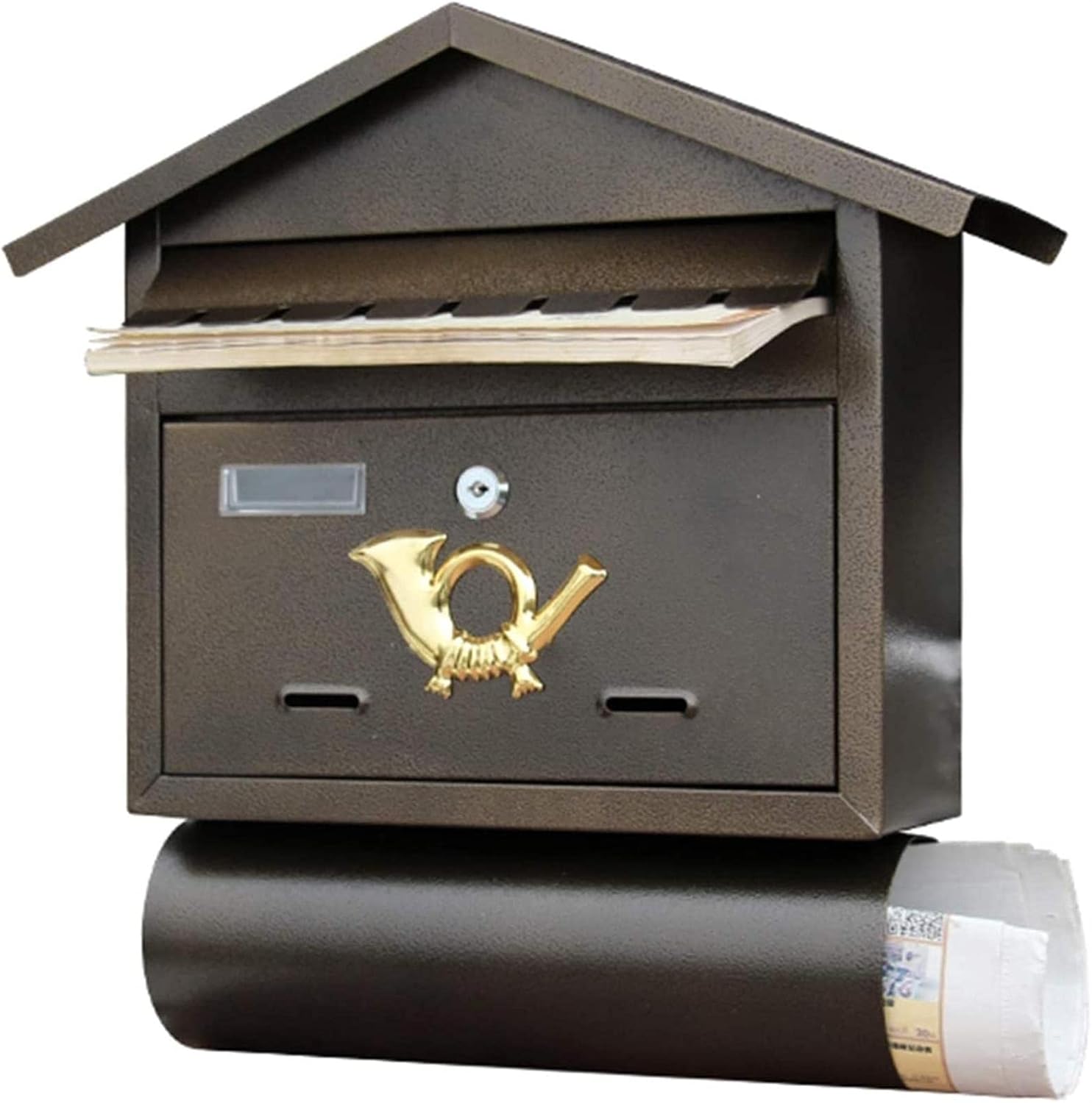 Letterboxes Wallmount Mailbox Vintage, Brown Metal Letterboxes with Newspaper Bucket, Outdoor