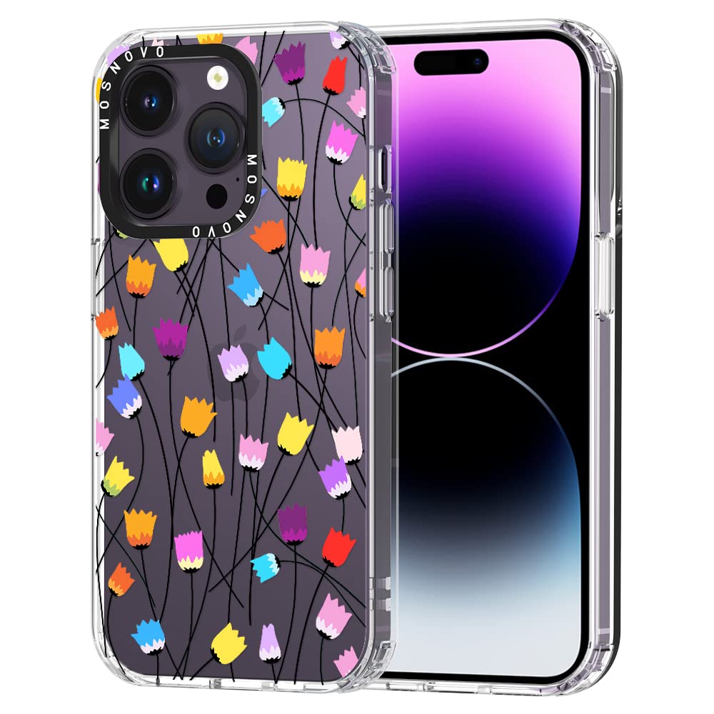 MOSNOVO Case for iPhone 14 Pro, [Buffertech 6.6ft Military-Grade Drop Protection] [Anti Peel Off Tech] Clear TPU Bumper Phone Case Cover Design - Rainbow Tulips — image 1