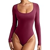 REORIA Women's Sexy Basic Scoop Neck Long Sleeve Double Lined Layering Slim Bodysuit Tops