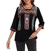 MINTLIMIT Women's 3/4 Sleeve Mexican Shirts Embroidered Tops Floral Boho Peasant Blouse Ethnic Style Casual Loose Tunics