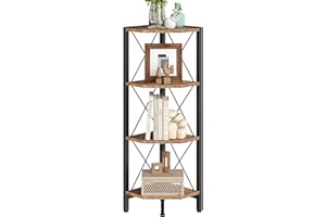 CHOEZON 4-Tier Corner Shelf, Corner Bookcase, 43.3" Tall Vertical Display Rack, Plant Stand, Open Storage Shelf, for Living Room, Bedroom, Study, Kitchen, Rustic Brown and Black TCJ14BF