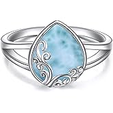 POPLYKE Larimar Filigree Band Ring Sterling Silver Gemstone Stones Jewelry Gift for Women 10 Size