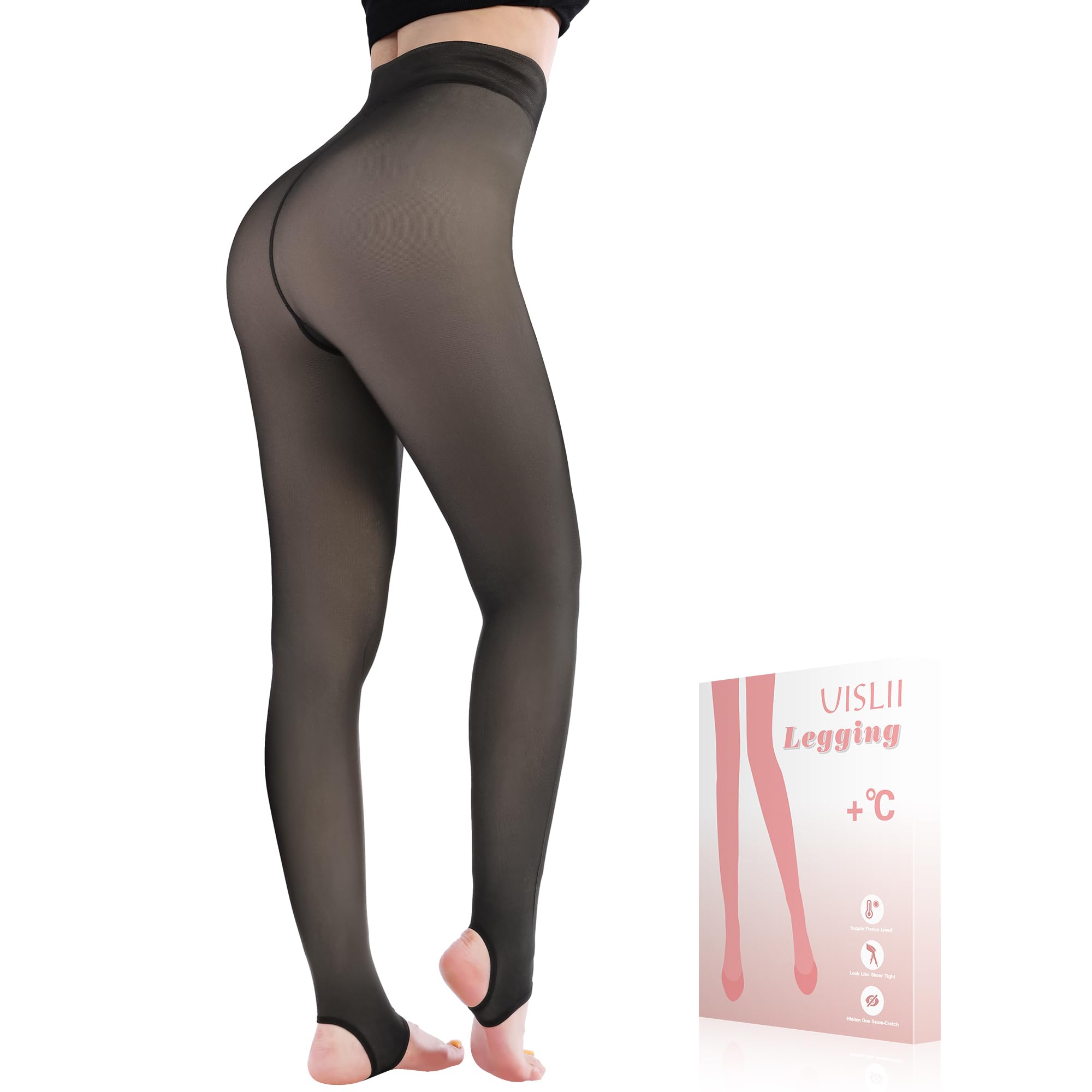 Photo 1 of **RUNS BIG*** UISLII Fleece Lined Tights Women, Warm Pantyhose leggings Women,Fake Translucent Thermal Skin Colored Tights for Winter(Black Medium -Tall Height)