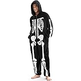 Opemon Men Halloween Skeleton Costume Onesie Jumpsuit for Adult Plus Size Cozy Pajamas Hoodie Outfit Suit Scary Cosplay