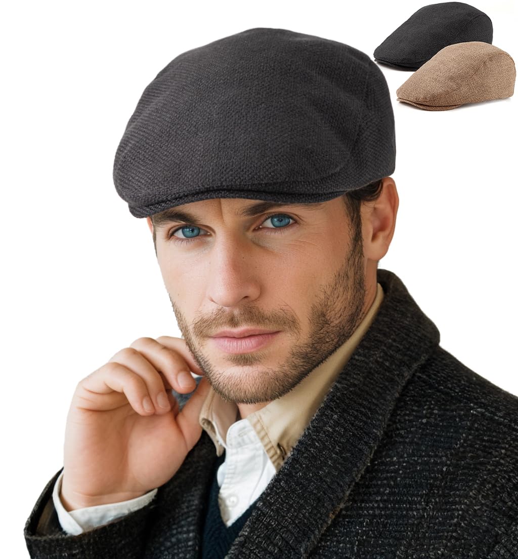 Photo 1 of 2 Pack Classic Solid Flat Cap Newsboy Hats for Men Cabbie Driving Scally Adjustable