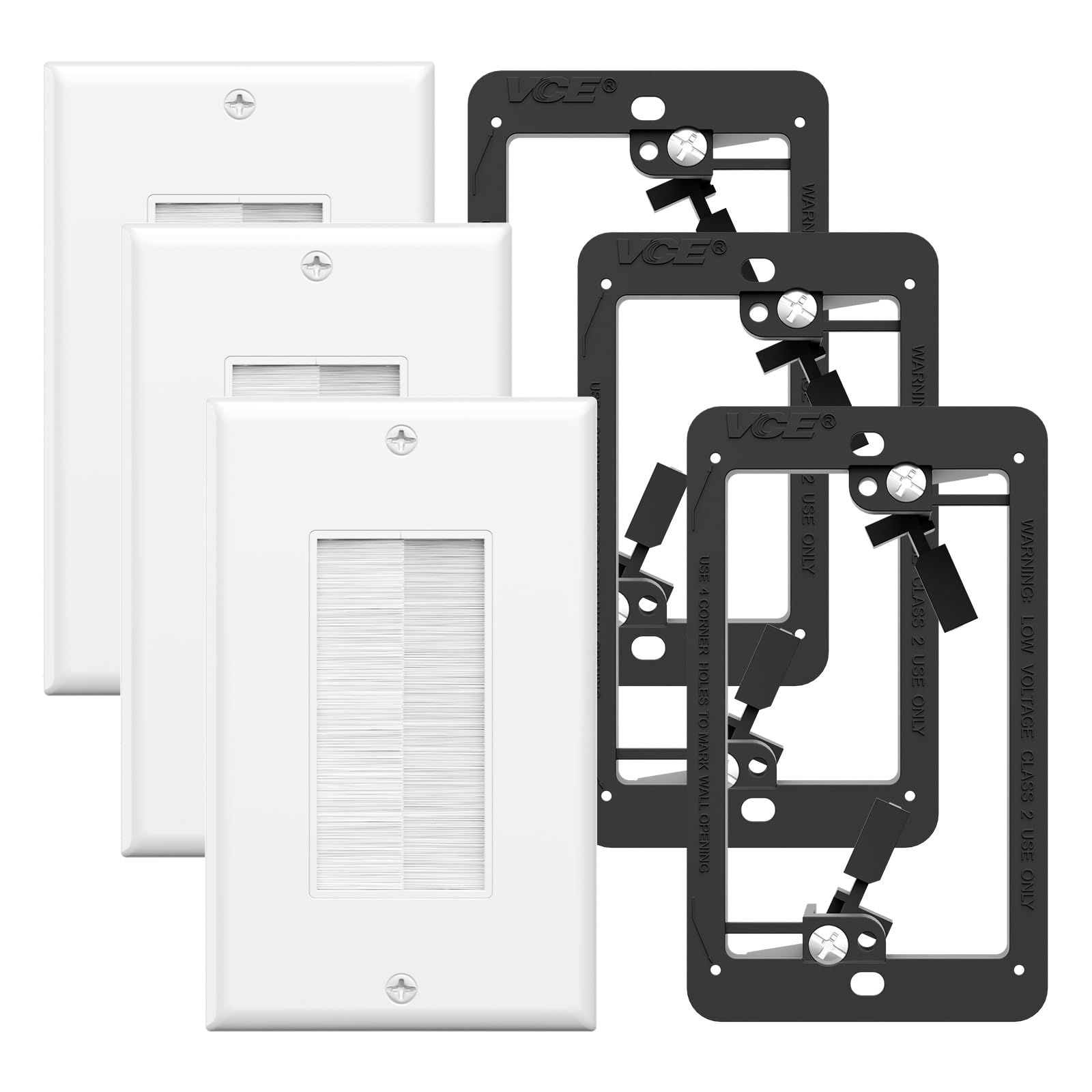 VCE Brush Wall Plate with Mounting Bracket 3-Pack, Cable Pass Through Insert Single Gang Wall Cover for Low Voltage Cables, Cord Hider for Wall Mount TV, Home Theater System, White