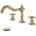 gotonovo 3 Hole Widespread Bathroom Sink Faucet Double Cross Handle Mixer Tap Faucet for Bathroom Sink Vanity Faucet Deck Mount Basin Hot Cold Water Matching Pop Up Drain Antique Brass