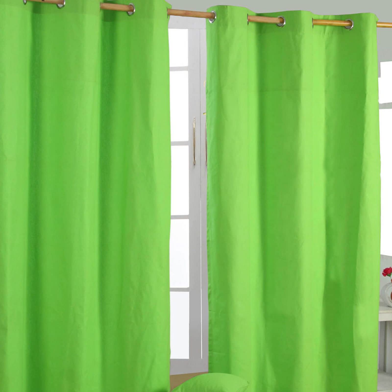 HOMESCAPES Green Eyelet Curtain Pair 137cm (54") Wide x 182cm (72") Drop Plain Heavy Unlined Curtains — image 1
