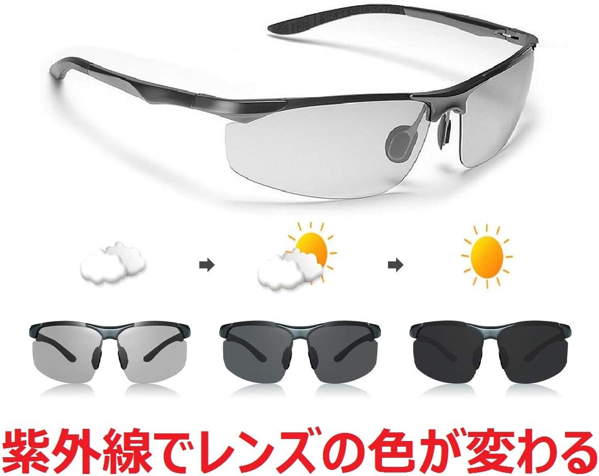 Amazon Geton 変色 調光 偏光 軽量 メンズ サングラス スポーツタイプ 収納ケース クリーニングクロス 3点セット 紫外線に反応してレンズの色が変わる 超軽量 アルミニウム 合金 Uv400 紫外線カット 運転 自転車 釣り 野球 テニス スキー ランニング ゴルフ バイク