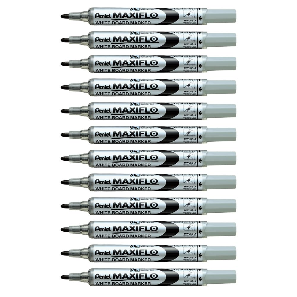 Pentel MWL5S Maxiflo Dry Wipe Whiteboard Marker, Fine Bullet Point, Black ink (Pack of 12)