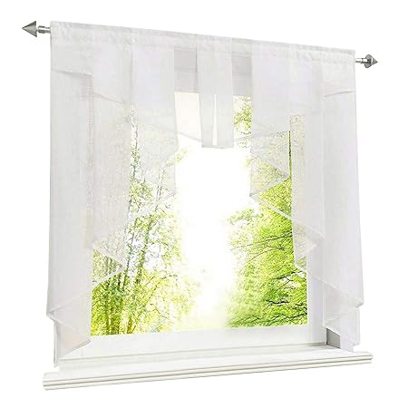 LiYa Scheibengardine mit Falten Kleinfenster Gardine Tunnelzug Voile Kurzstore Fenstergardine (BxH 140x145cm, Weiß)