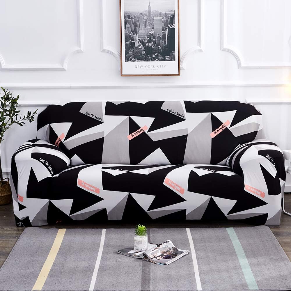 Sofa Covers for Sofa 4 Seater, Polyester Spandex Printed Sofa Slipcovers Furniture Cover Protector for 4 Seat Couch with Elastic Bottom & Anti-Slip Foam(Black&Grey,4 Seater)