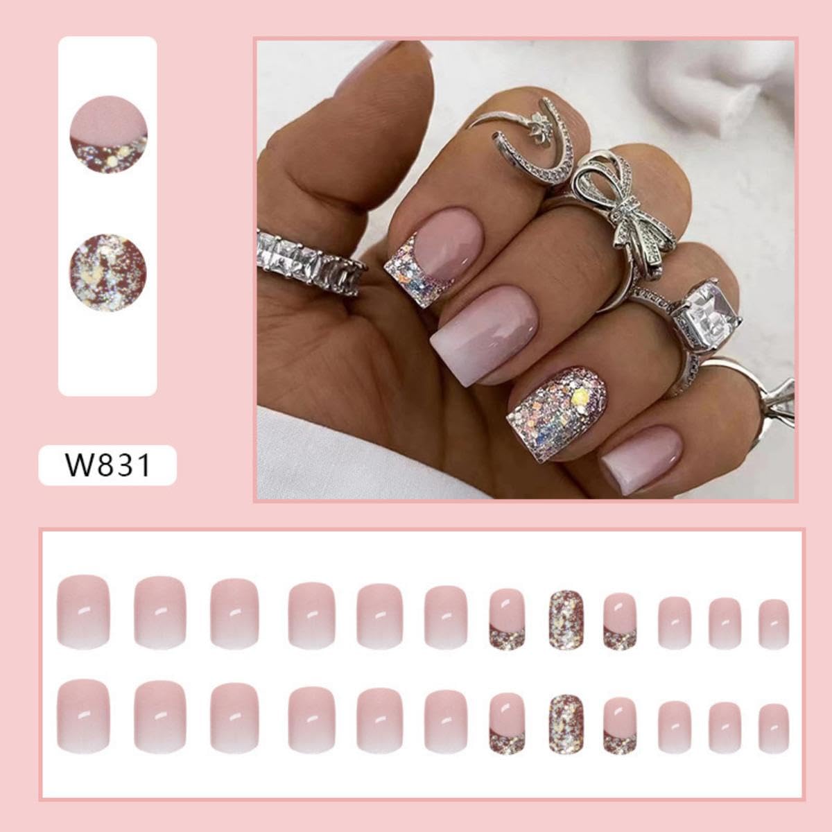 24Pcs Press on Nails Short Square French Tip Fake Nails Pink Gradient with Silver Glitter Design Acrylic Full Cover Glue on False Nails Artificial Stick on Nails for Women Daily Wear Manicure… - Image 2