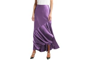 SEBOWEL Women Satin Skirt Silk A Line Swing Ruffle Pleated Cocktail Skirts Silky High Low Tiered Long Maxi Skirt with Split