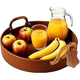 HOME ARCHIVE Round Leather Stitched Tray with Brass Handle Ideal for Drinks Serving Coffee Ottoman Tray for Office Storage Snack Home Kitchen Counter Centerpiece (Dark Brown (16" x 16"))