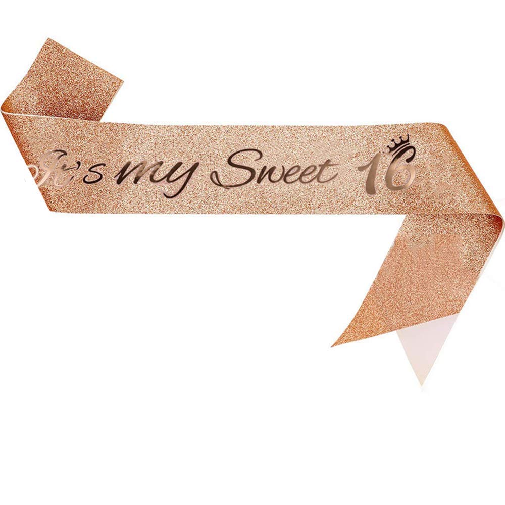 Senmaid Glitter Rose Gold 16th Birthday Sash, It’s My Sweet 16 Birthday Sash 16th Birthday Party Decoration Accessories for Girls